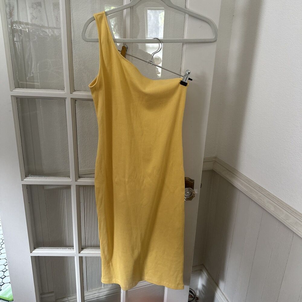 Nine West Dress Womens Large Yellow Bodycon One Shoulder Rib Knit NWOT